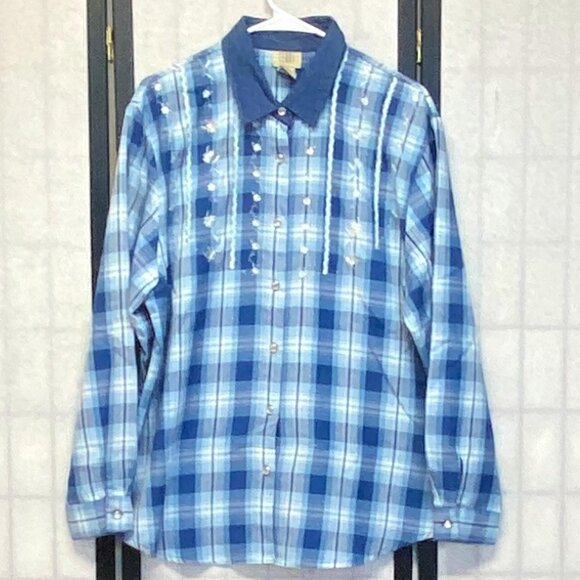 Long Sleeve Plaid Embroidered Front Mother of Pearl Button Shirt Blue XL Teddi - Picture 1 of 12
